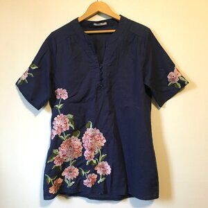 Queen Tunic Floral Embroidered Rhinestone & Rose Buttons Top